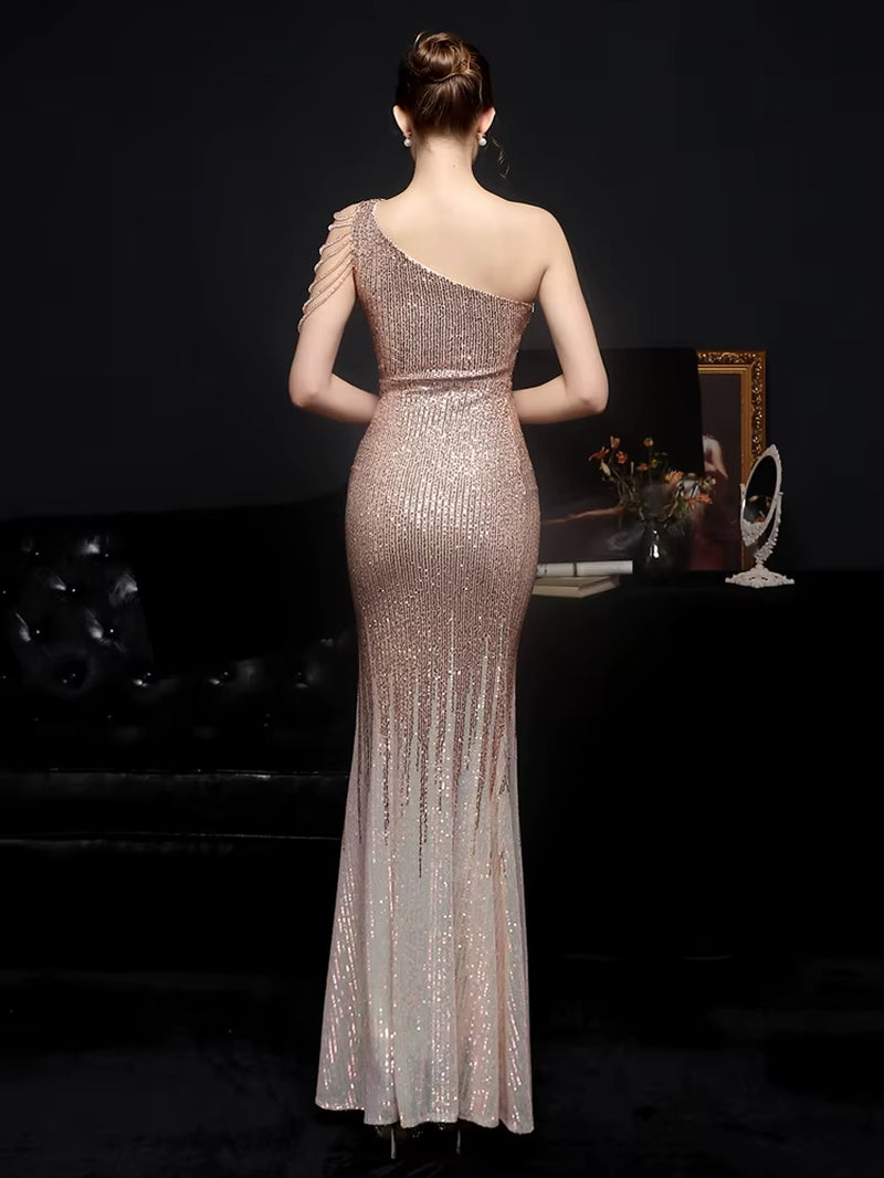 Women Beads Party Dress Elegant One Shoulder Slit Sequin Prom Dress 2021