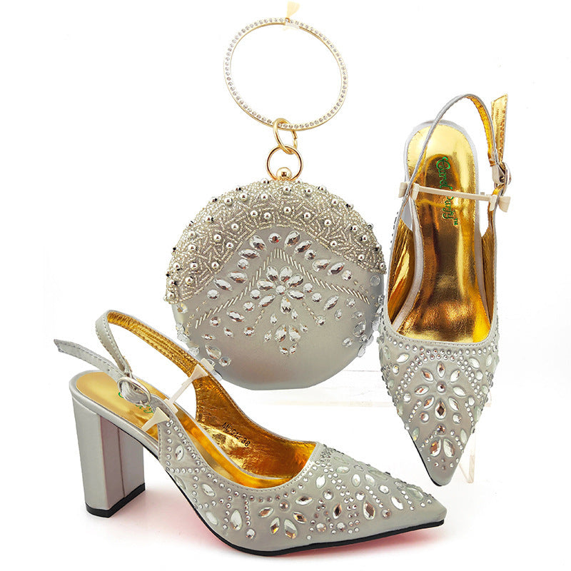 Round Clutch Bag With Pointed Buckle High Heels