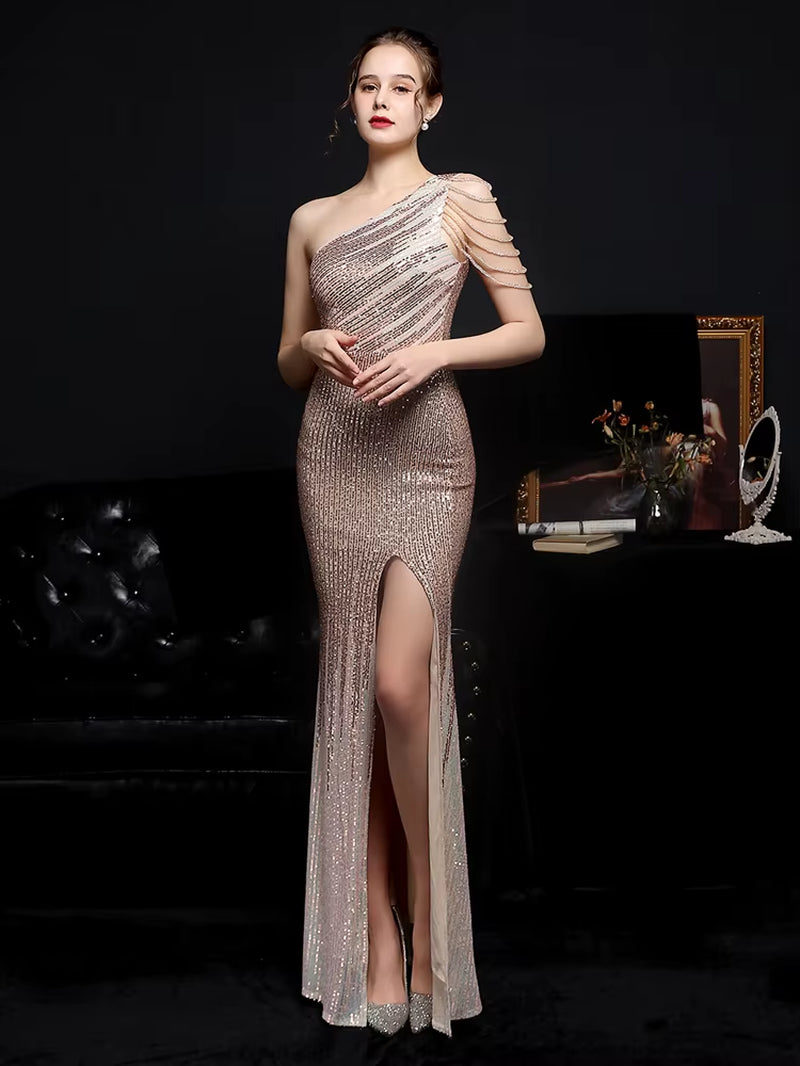 Women Beads Party Dress Elegant One Shoulder Slit Sequin Prom Dress 2021
