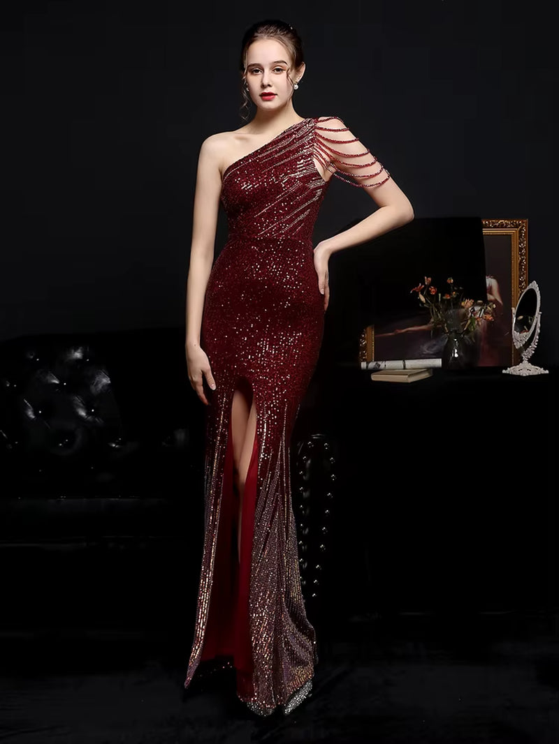 Women Beads Party Dress Elegant One Shoulder Slit Sequin Prom Dress 2021