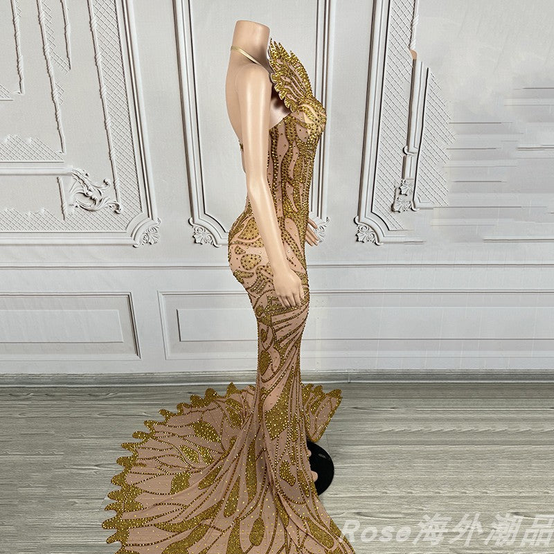 Fashion Luxury Gold Diamand Chest-Wrapped Fishtail Dress Costumes Female Singer Classy Elegant Gold Sexy Women Clothing