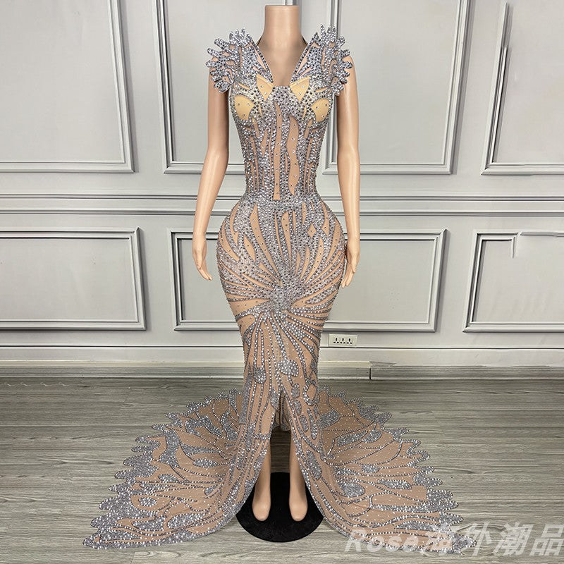 Fashion Luxury Gold Diamand Chest-Wrapped Fishtail Dress Costumes Female Singer Classy Elegant Gold Sexy Women Clothing