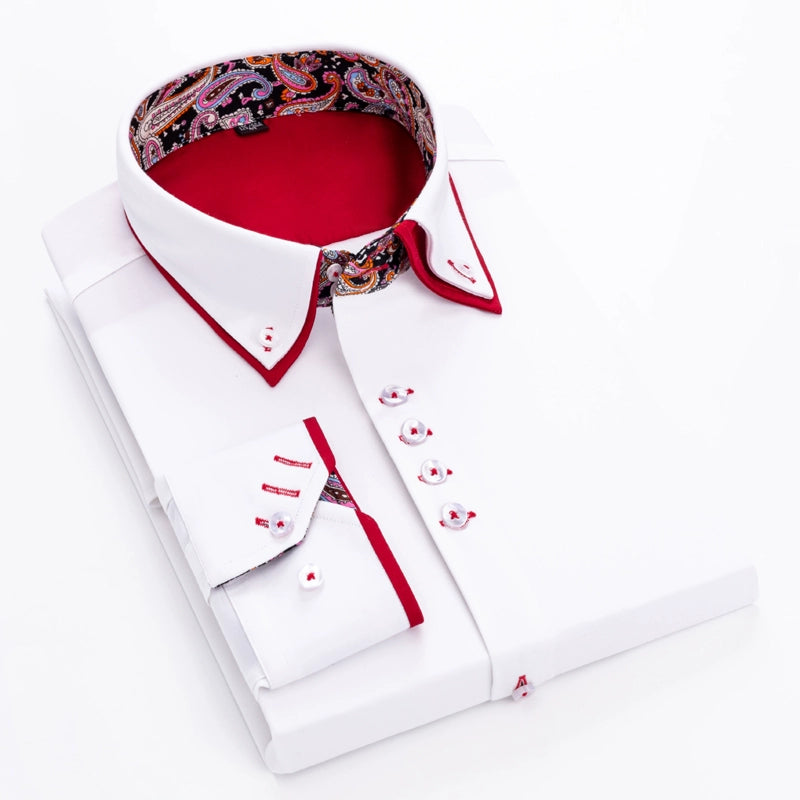 Slim Fit Chinese-Style Double-Collar Long-Sleeve Shirt