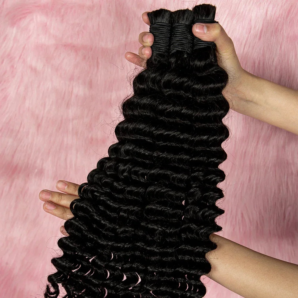 100% Human Bulk Hair Bundles for Braiding Deep Wave Virgin Hair Extension Natural Color Braids No Weft Hair Bulk for Extensions