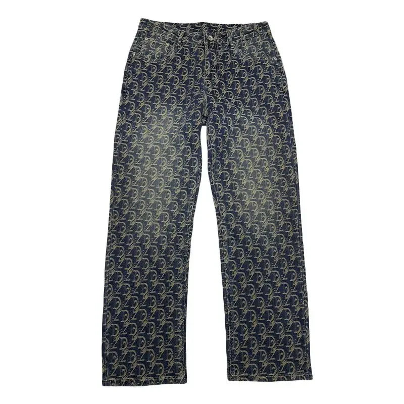 Hot Sale Men's American Street Style Jacquard Jeans Loose Straight Leg Fashionable Wide-leg Long Pants Denim