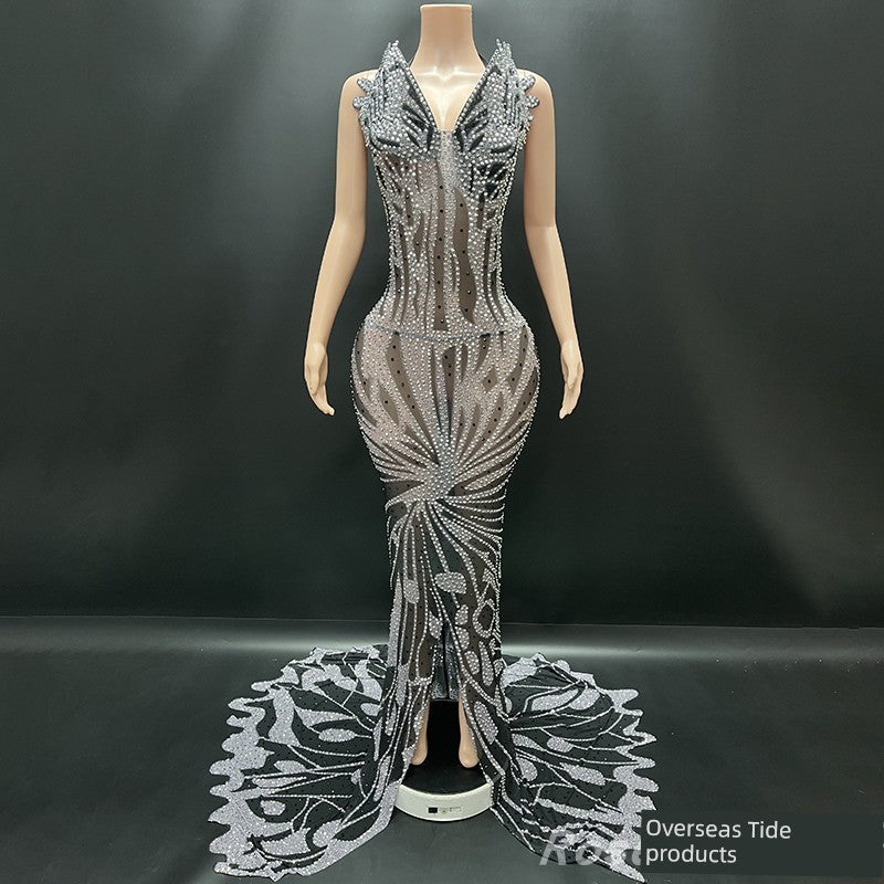 Fashion Luxury Gold Diamand Chest-Wrapped Fishtail Dress Costumes Female Singer Classy Elegant Gold Sexy Women Clothing