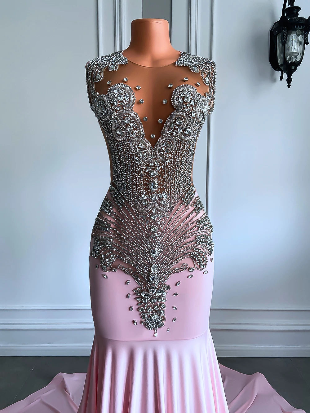 Long Sparkly Prom Dresses Sexy Sheer Top Luxury Diamond Light Blue Prom Gala Party Gowns