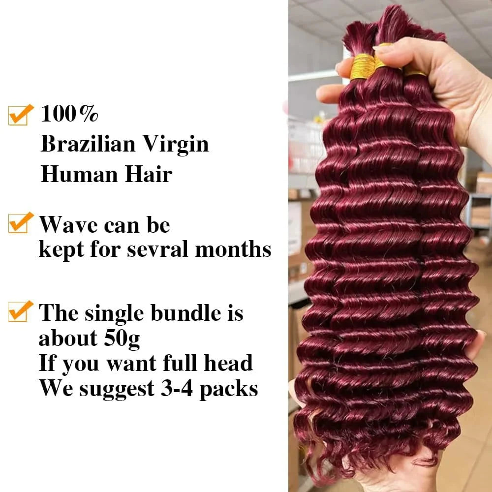99J Deep Curly Braiding Hair Extensions Brazilian Virgin Human Hair Burgundy Deep Wave Bulk Human Hair For Braiding No Weft