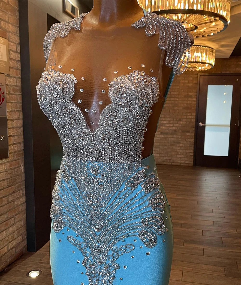 Long Sparkly Prom Dresses Sexy Sheer Top Luxury Diamond Light Blue Prom Gala Party Gowns