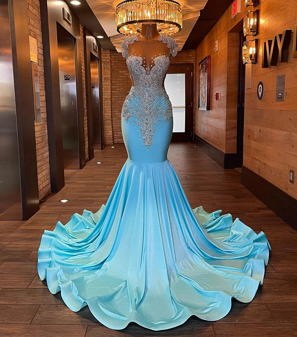 Long Sparkly Prom Dresses Sexy Sheer Top Luxury Diamond Light Blue Prom Gala Party Gowns