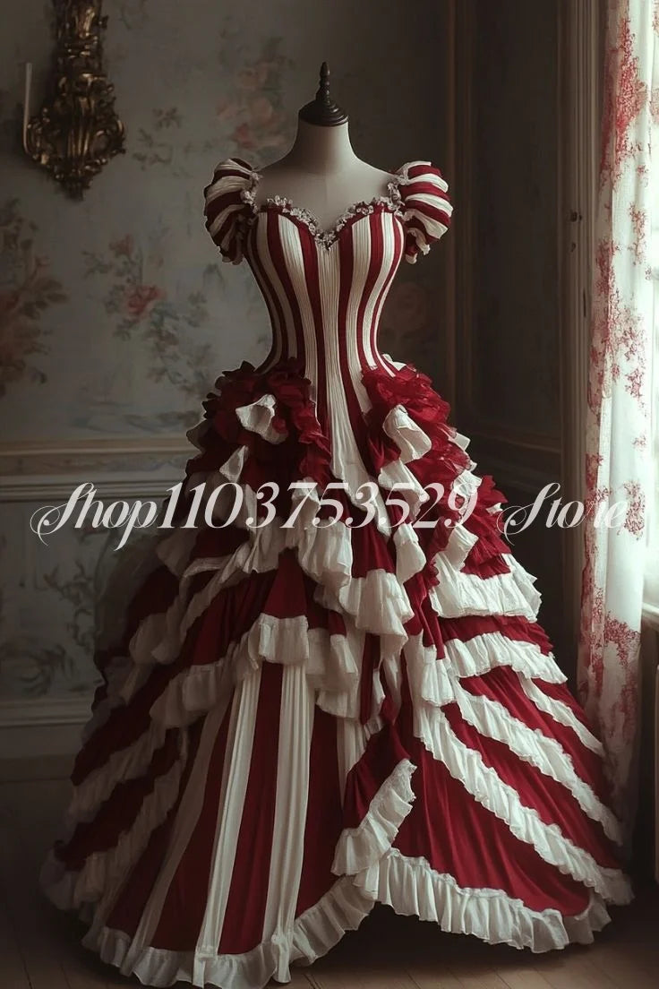 Historical Medieval Ball Gowns Red White Striped Satin Pleated