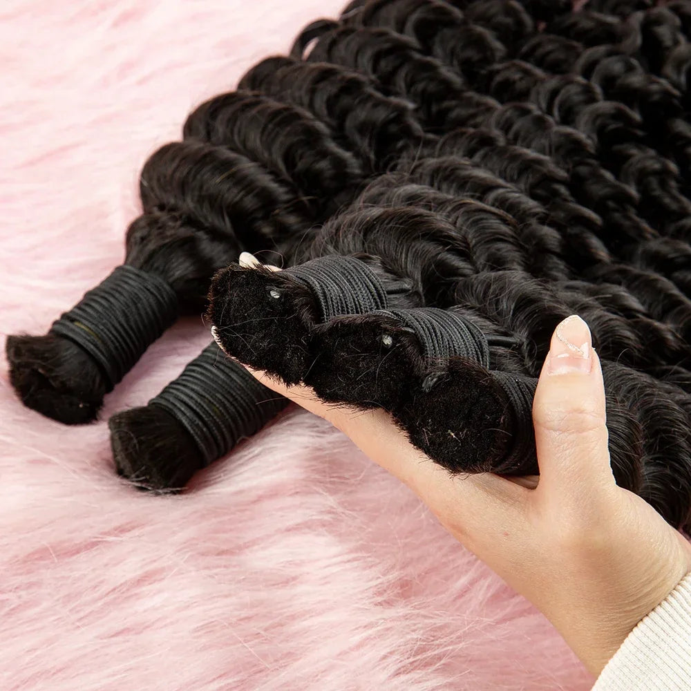 100% Human Bulk Hair Bundles for Braiding Deep Wave Virgin Hair Extension Natural Color Braids No Weft Hair Bulk for Extensions
