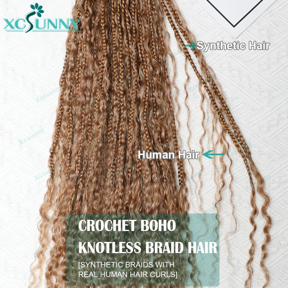 Crochet Braids Human Hair Pre Loop Boho Box Braid Crochet Human Hair Bundles Pre-looped With Curly Ends 100 Strands Color 30 27