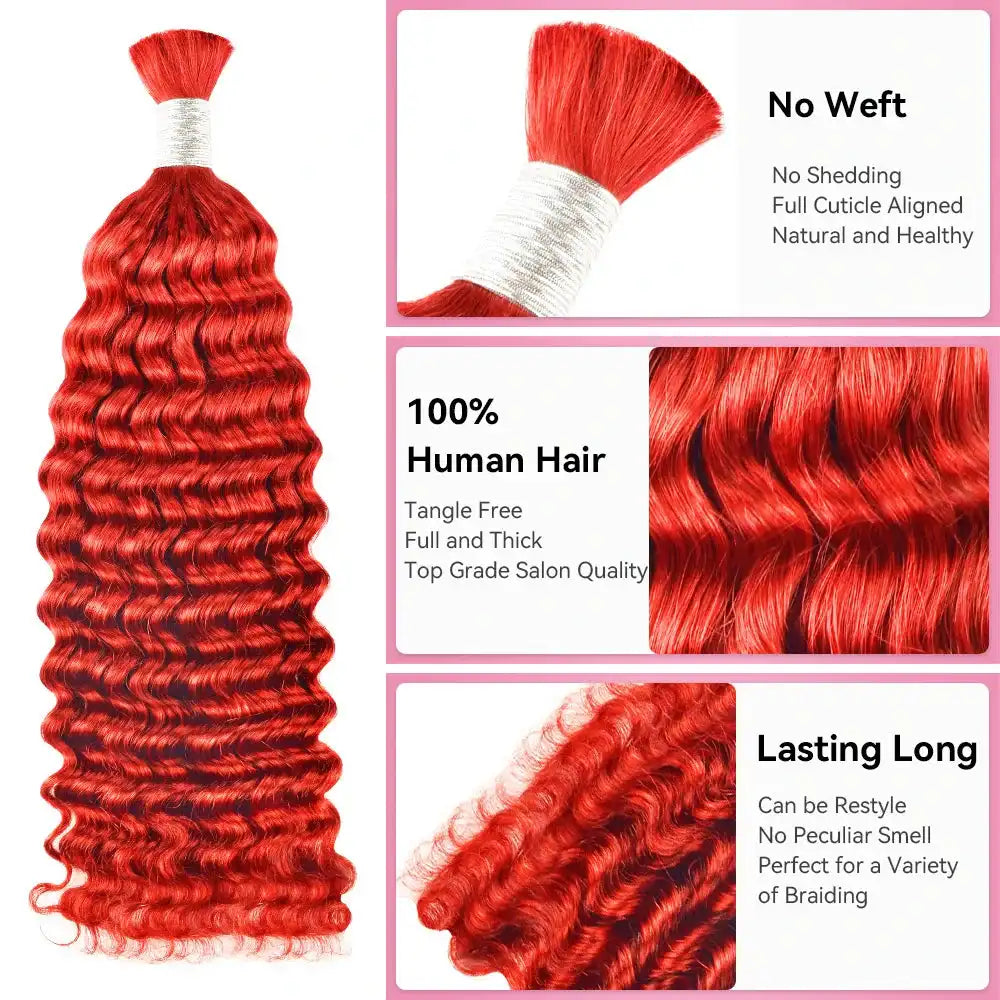 Red Color Deep Wave Hair Bulk for Boho Braids 100% Human Hair Extensions