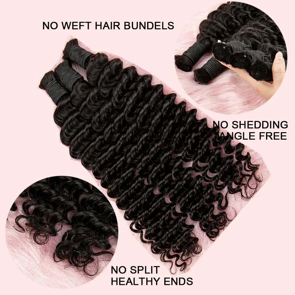 100% Human Bulk Hair Bundles for Braiding Deep Wave Virgin Hair Extension Natural Color Braids No Weft Hair Bulk for Extensions