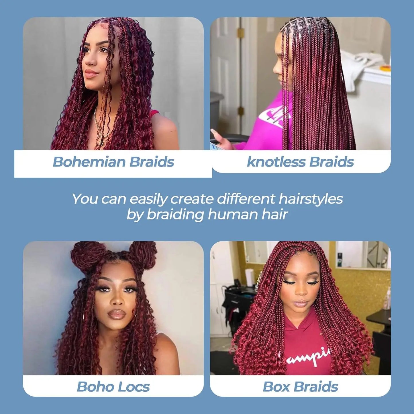 Burgundy 99J# Bulk Human Hair No Weft 1 Bundle 50g Deep Wave Human Hair Bulk for Braiding 10A Curly Extensions for Boho Braids