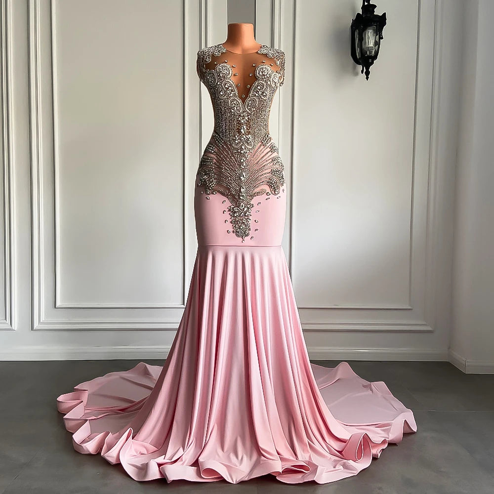 Long Sparkly Prom Dresses Sexy Sheer Top Luxury Diamond Light Blue Prom Gala Party Gowns