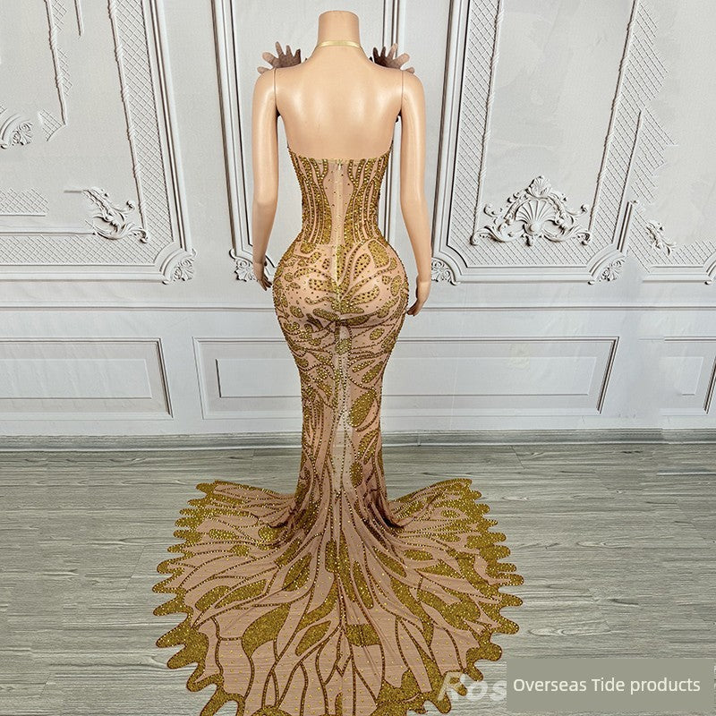 Fashion Luxury Gold Diamand Chest-Wrapped Fishtail Dress Costumes Female Singer Classy Elegant Gold Sexy Women Clothing
