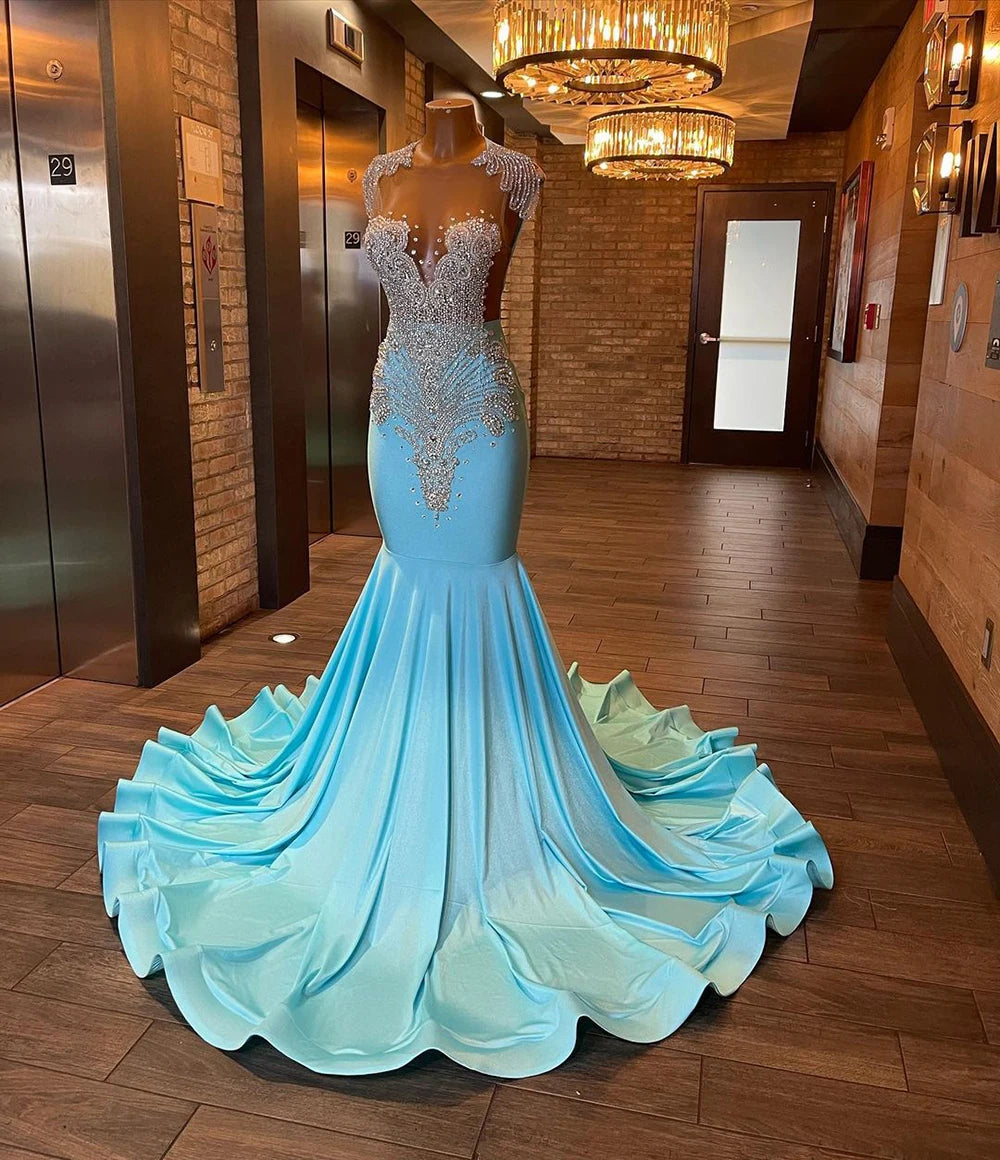 Long Sparkly Prom Dresses Sexy Sheer Top Luxury Diamond Light Blue Prom Gala Party Gowns