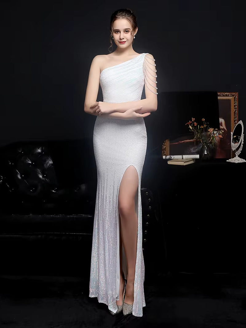 Women Beads Party Dress Elegant One Shoulder Slit Sequin Prom Dress 2021