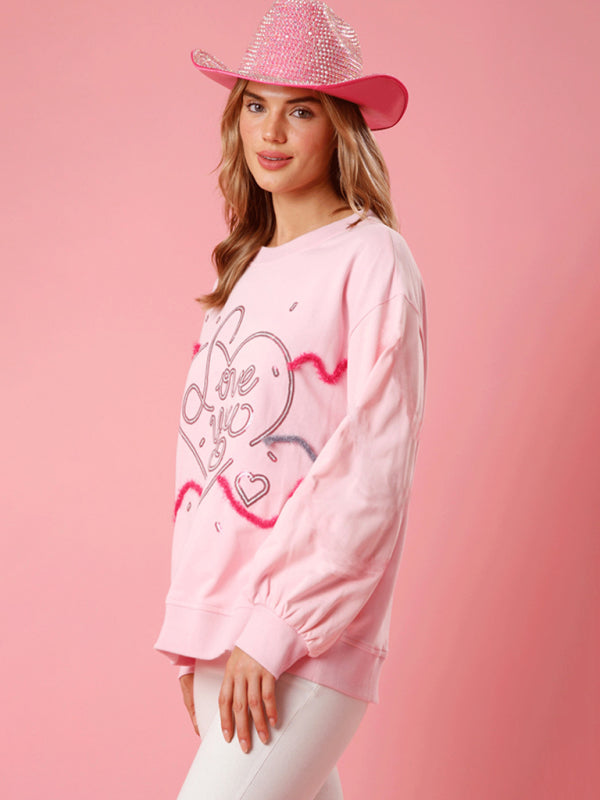 Women's love sequin sequin round neck pullover sweatshirt