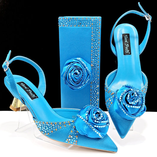 Women's Shoes And Bags Handmade Flower Decoration High Temperature Rhinestone Satin High Heels