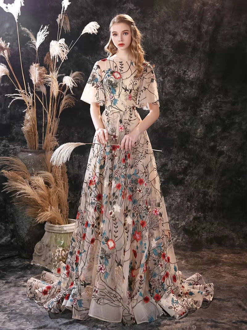 Customized Floral Embroidery Evening Dresses Long Dress Colorful Tulle Short Sleeve Court Train Romantic Prom Gown Party