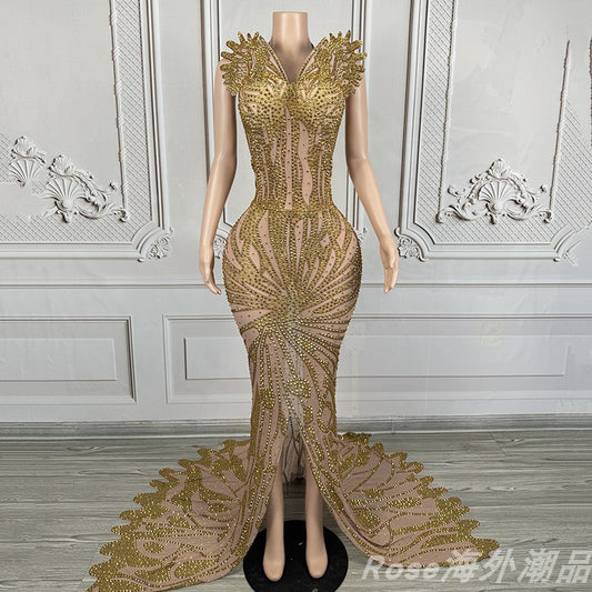Fashion Luxury Gold Diamand Chest-Wrapped Fishtail Dress Costumes Female Singer Classy Elegant Gold Sexy Women Clothing