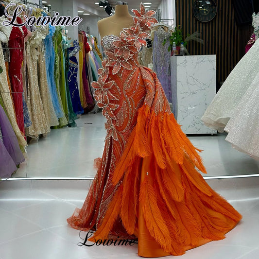 High Fashion Orange Celebrity Dresses With Detachable Train Sheer Neck Evening Dresses Luxury Vestidos De Gala Photography Gowns
