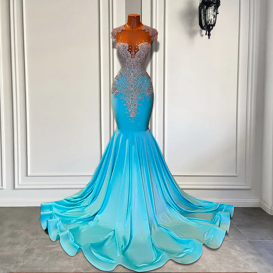 Long Sparkly Prom Dresses Sexy Sheer Top Luxury Diamond Light Blue  Prom Gala Party Gowns