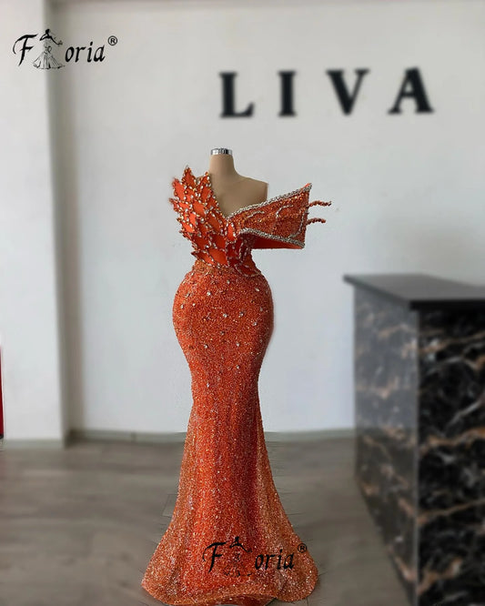 Elegant Orange Prom Dress Beads Crystal Appliques 3D Formal Evening Gown Customized Cocktail robes longues soirées élégante