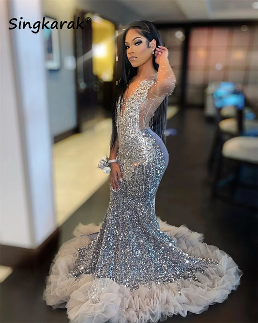 Luxury Sparkly Silver Diamonds Prom Dress  Girls Glitter Crystal Ruffle Bead Evening Party Gown   Customized