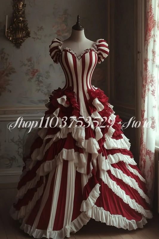 Historical Medieval Ball Gowns Red White Striped Satin Pleated