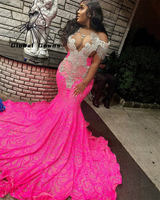 Pink Off Shoulder Long Prom Dress Beaded Crystal Tassel Birthday Party Dresses Evening Gowns