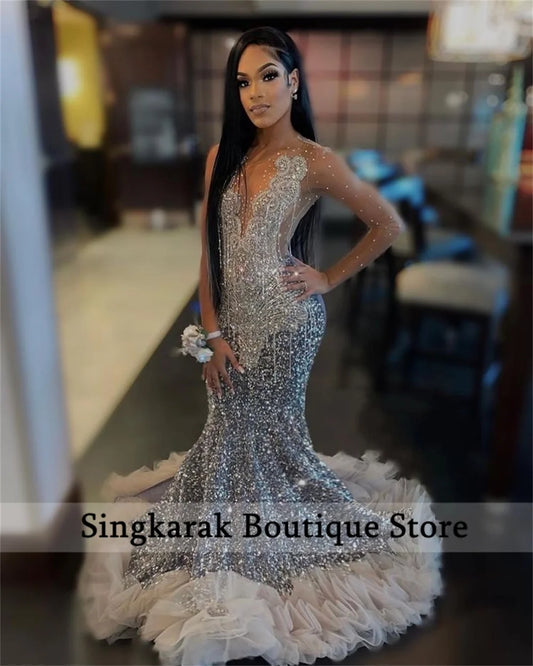 Luxury Sparkly Silver Diamonds Prom Dress Girls Glitter Crystal Ruffle Bead Evening Party Gown   Customized