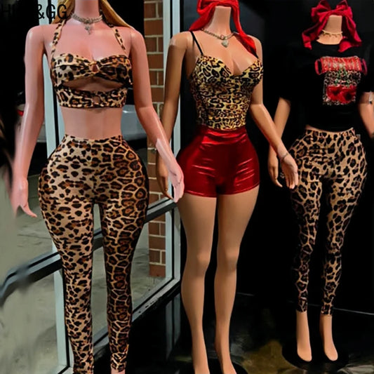 HLJ&GG Sexy Hollow Bandage Leopard Print Two Piece Sets