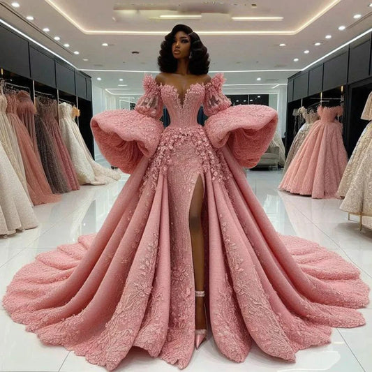 Charming Pink Lace Prom Dresses Trumpet Long Sleeves 3D Appliques Puffy Evening Gowns Sexy High Split Women Party Dress