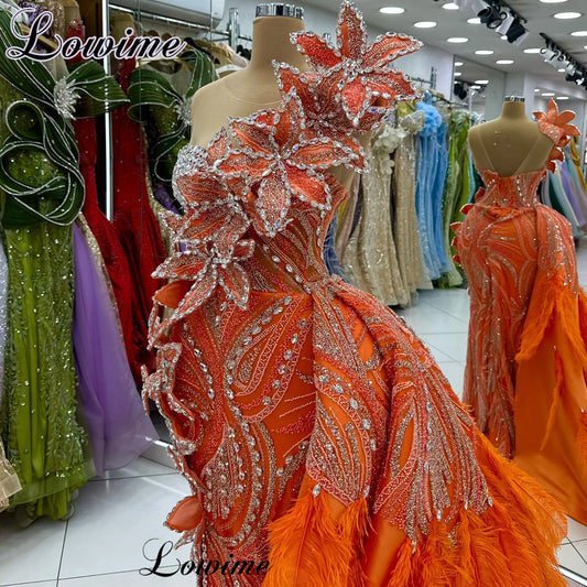 High Fashion Orange Celebrity Dresses With Detachable Train Sheer Neck Evening Dresses Luxury Vestidos De Gala Photography Gowns