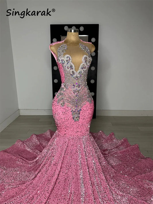 Charming Pink Prom Party Dresses  Glitter Beading Diamonds Crystal Birthday Dress Sequins Gown