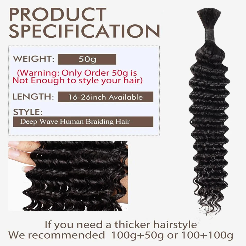 Human Braiding Hair for Boho Braids Bohemian Deep Wave Bulk 100% Human Hair for Braiding Wet and Wave Human Culry Hair for Boho