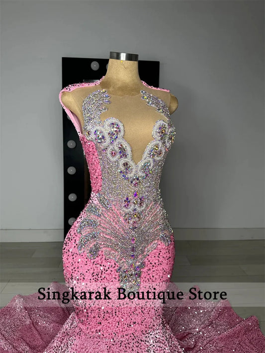 Charming Pink Prom Party Dresses  Glitter Beading Diamonds Crystal Birthday Dress Sequins Gown