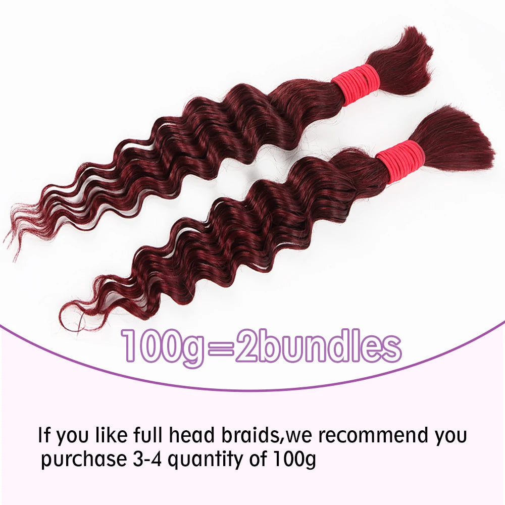 Burgundy Deep Wave Human Hair Bulk for Boho Braids Water Wave