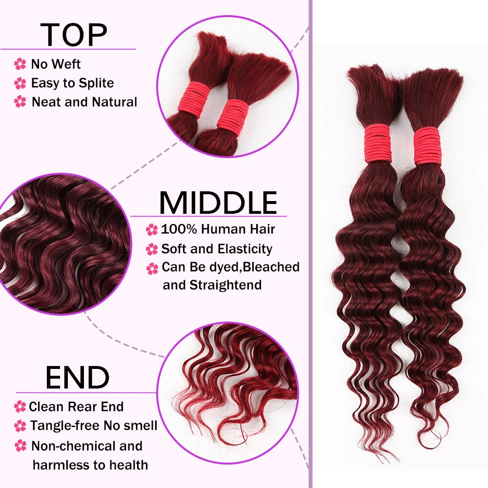 Burgundy Deep Wave Human Hair Bulk for Boho Braids Water Wave