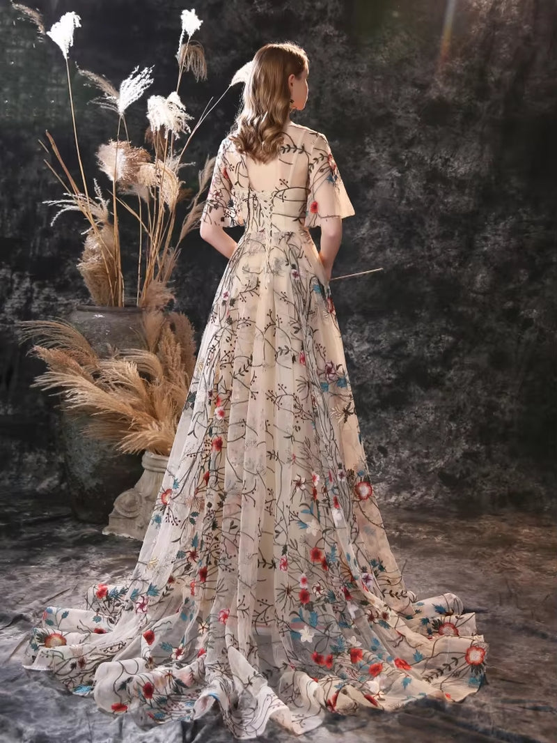 Customized Floral Embroidery Evening Dresses Long Dress Colorful Tulle Short Sleeve Court Train Romantic Prom Gown Party