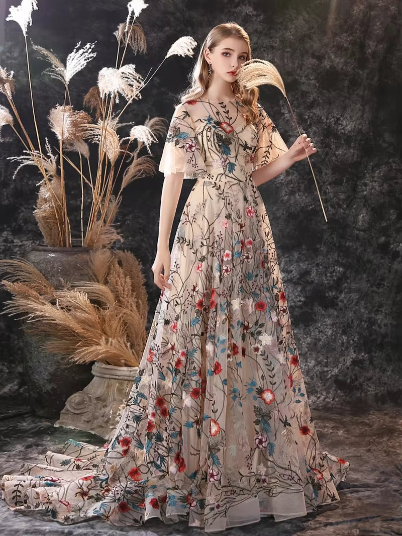 Customized Floral Embroidery Evening Dresses Long Dress Colorful Tulle Short Sleeve Court Train Romantic Prom Gown Party