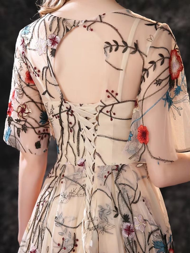 Customized Floral Embroidery Evening Dresses Long Dress Colorful Tulle Short Sleeve Court Train Romantic Prom Gown Party