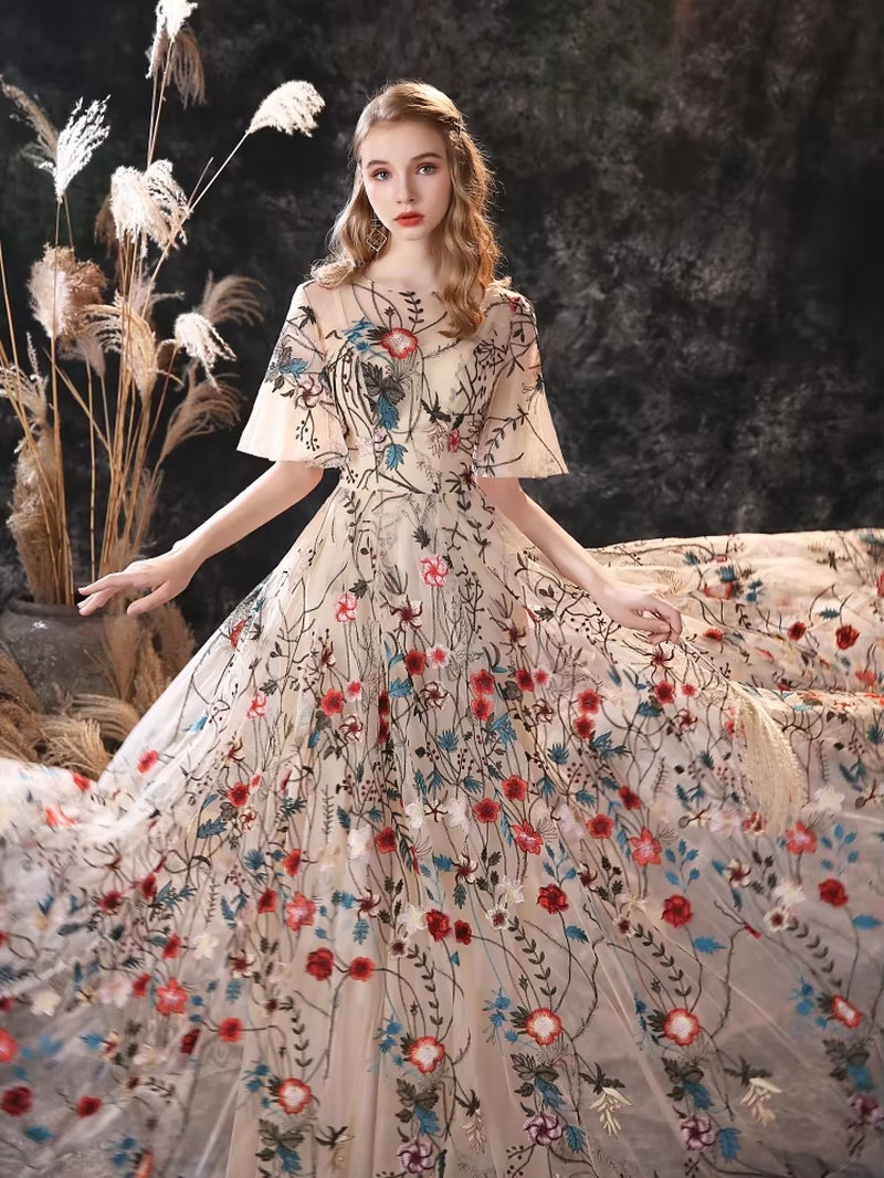 Customized Floral Embroidery Evening Dresses Long Dress Colorful Tulle Short Sleeve Court Train Romantic Prom Gown Party